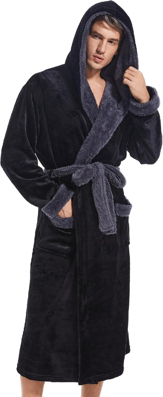 Mens Hooded Robe, Plush Long Bath Robes Cozy Warm Bathrobe Fuzzy Male Spa Robe with Pockets