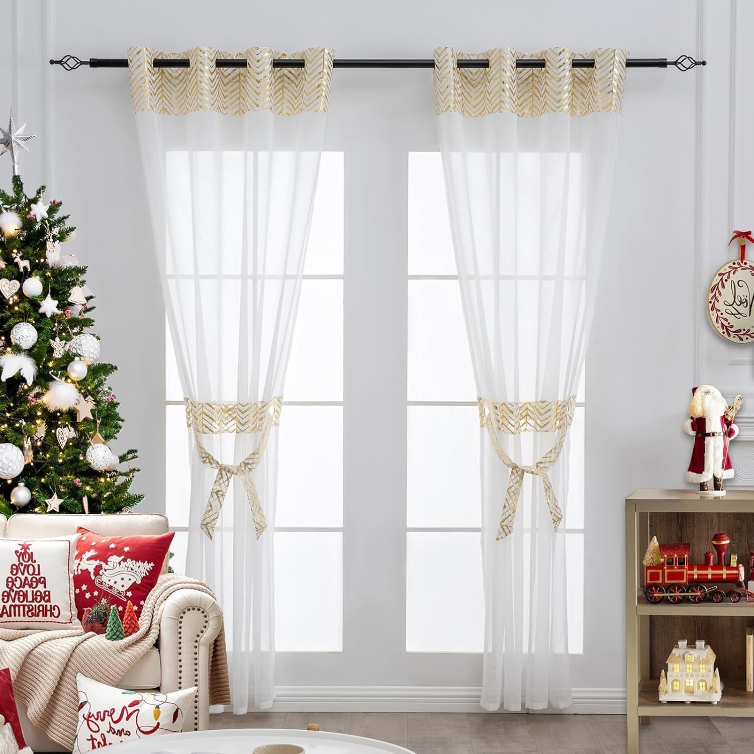 Gold and White Sheer Curtains 84 Inches Long for Living Room, White Elegant Curtains with Design, Linen Look Sheer Curtains with Glod Pattern,Grommet Top 2 Panels Set (56" W X 84" L Gold)