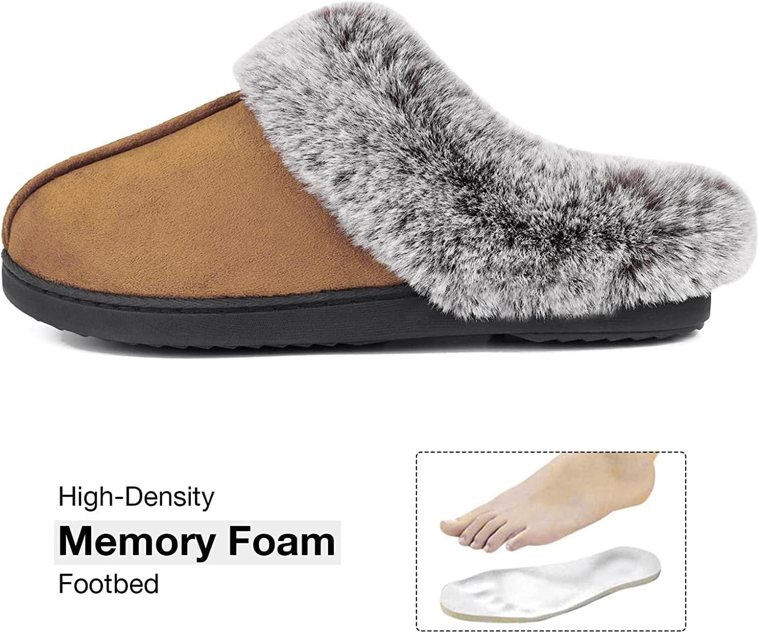 Women'S Classic Microsuede Memory Foam Slippers Durable Rubber Sole with Warm Faux Fur Collar