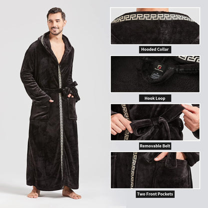 Mens Robes Big and Tall with Hood Two-Tone Flannel Fleece Contrast Bathrobe Full Length Plush Long Robe House Coat