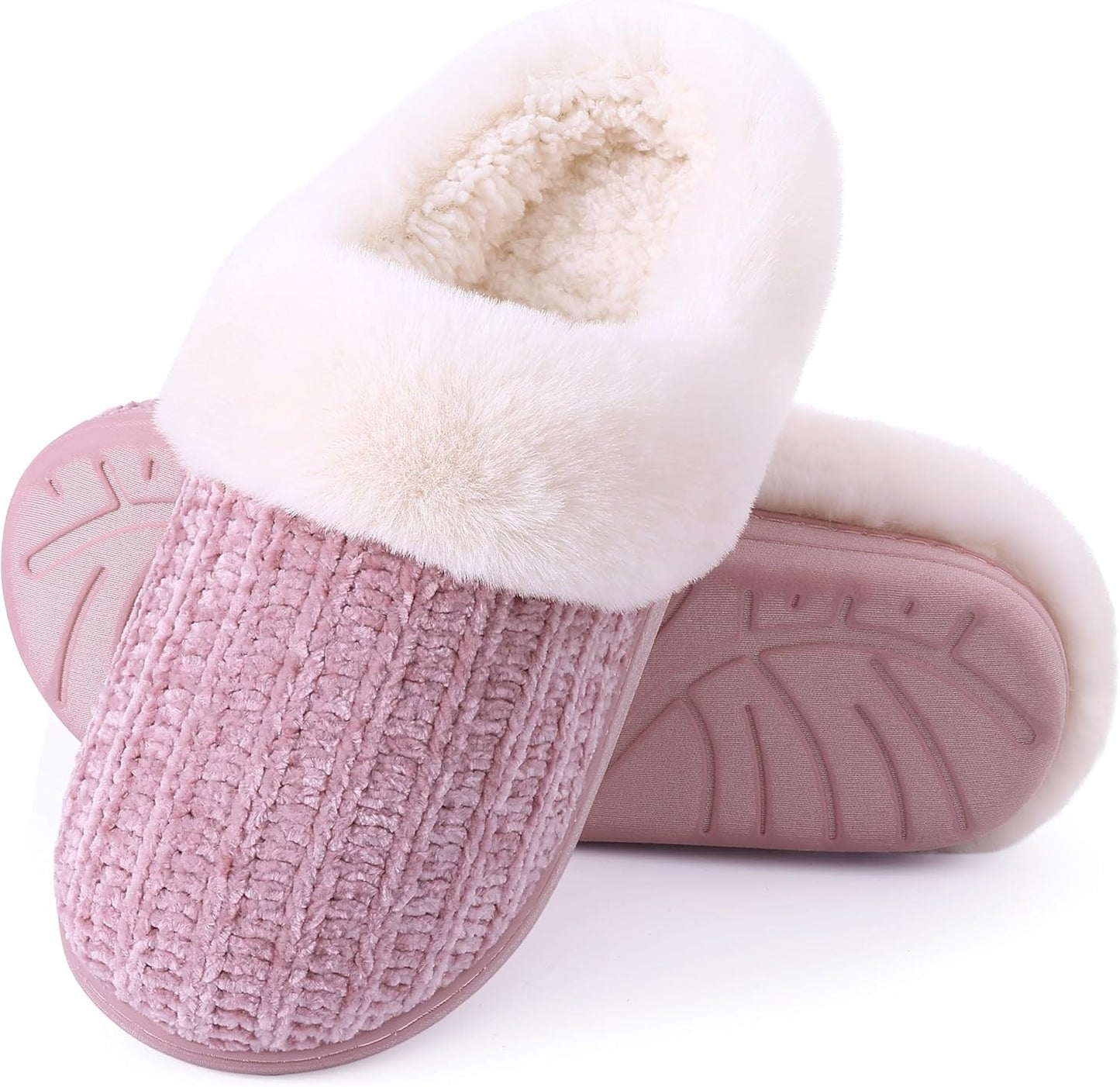 Warm Knit House Slippers for Women Comfy Wool-Like Lined Chenille Slippers with Memory Foam and Indoor Outdoor Soles