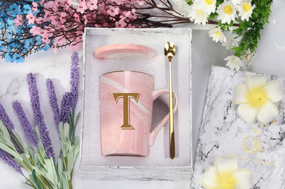 Letter T Personalized Initial Mug, Letter T Personalized Marble Coffee Mug, Letter Coffee Mugs for Women, Bridal Shower Gifts, Man and Women'S Initials Gifts Mug 14 Ounce Pink with Gift Box