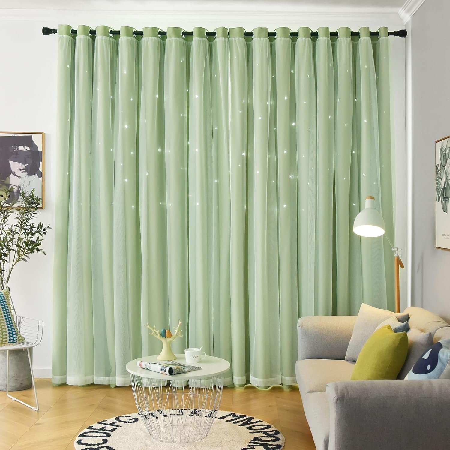 Stars Curtains Double Layer Curtains Blackout Curtains for Bedroom Kids Curtains Cute Curtains Kids Blackout Curtains, Curtains 63 Inches Long 2 Panels Set, Green Curtains, 52 X 63 Inches