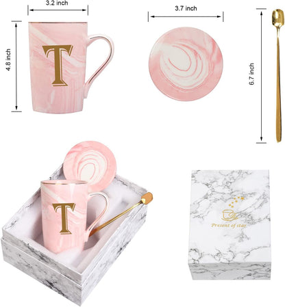 Letter T Personalized Initial Mug, Letter T Personalized Marble Coffee Mug, Letter Coffee Mugs for Women, Bridal Shower Gifts, Man and Women'S Initials Gifts Mug 14 Ounce Pink with Gift Box