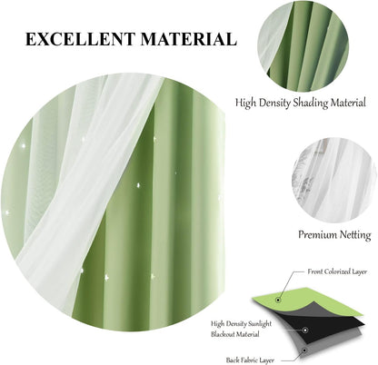 Stars Curtains Double Layer Curtains Blackout Curtains for Bedroom Kids Curtains Cute Curtains Kids Blackout Curtains, Curtains 63 Inches Long 2 Panels Set, Green Curtains, 52 X 63 Inches