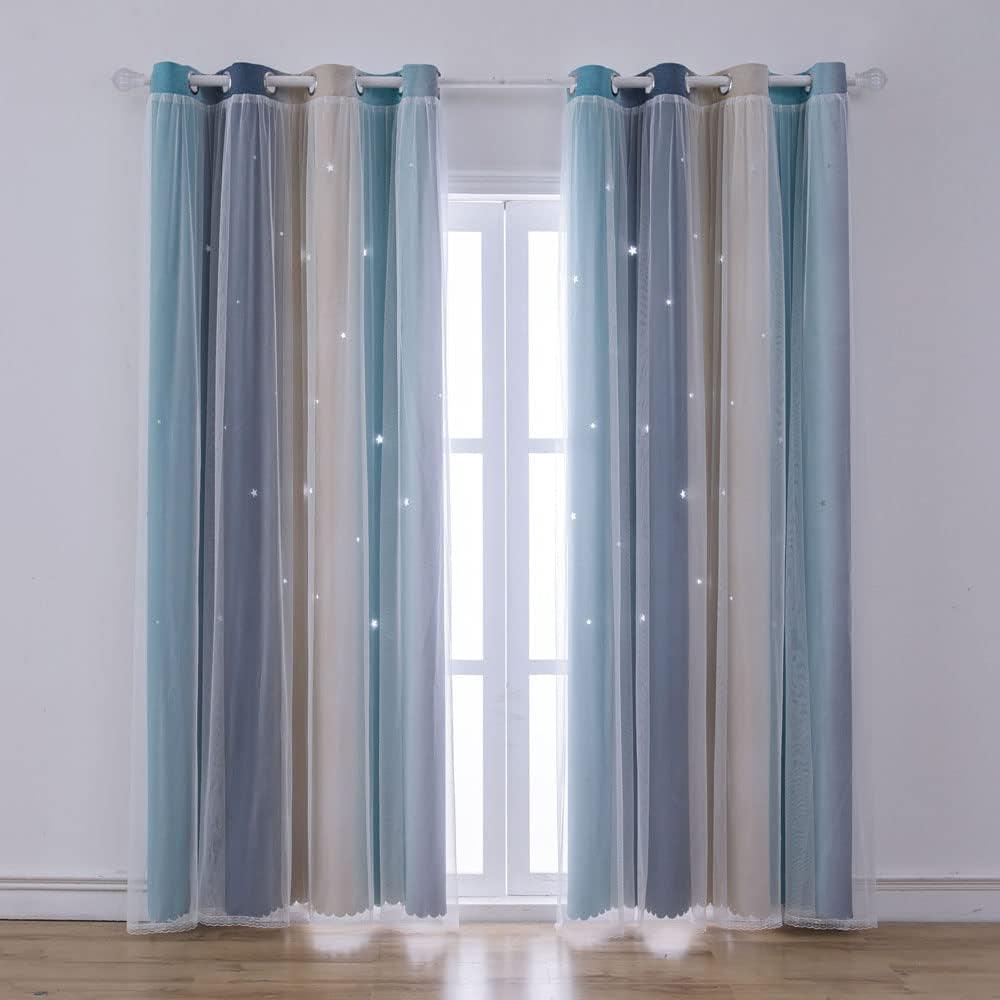 Ombre Rainbow Blackout Curtains for Kid Girls Bedroom Living Room Darking Stripe Double Layer Star Cut Out Wall Home Decor Gradient Grommet Window Curtains （Yellow Blue 52W X 72L