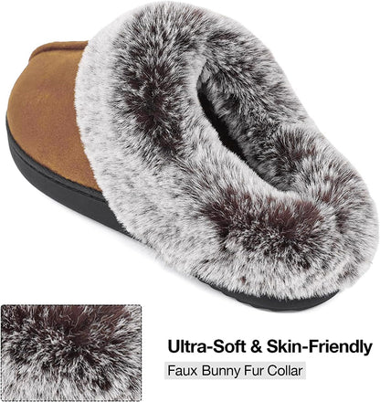 Women'S Classic Microsuede Memory Foam Slippers Durable Rubber Sole with Warm Faux Fur Collar