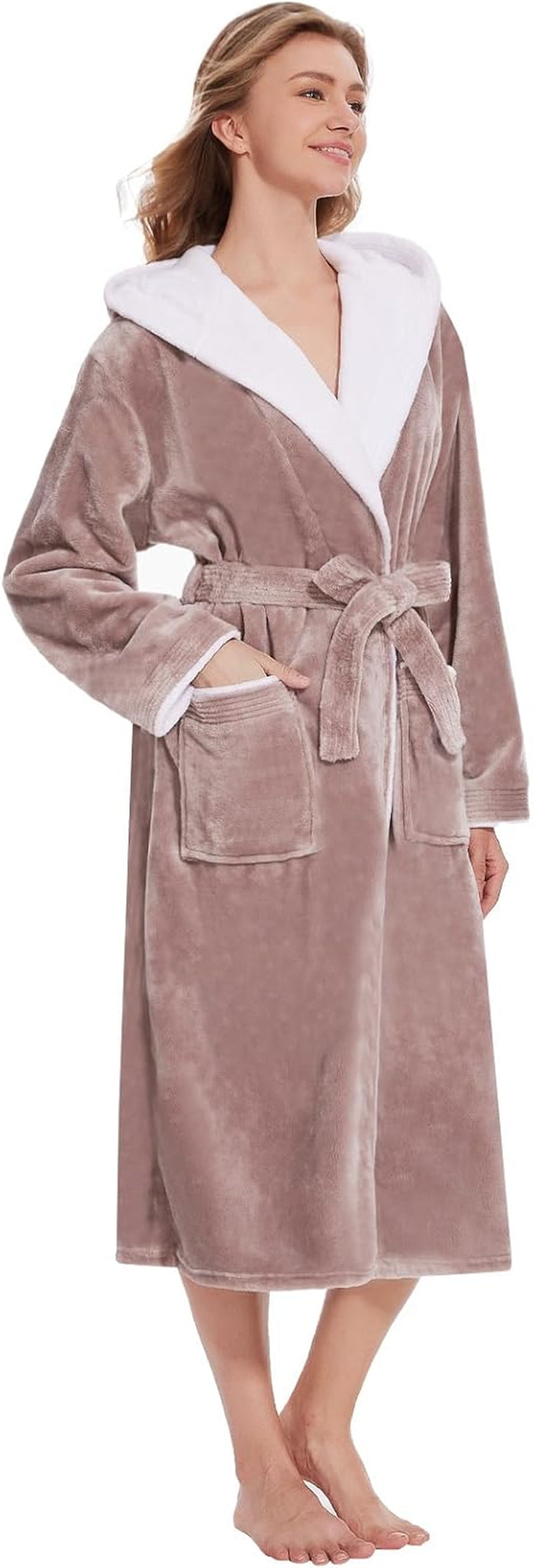 Womens Hooded Robes Plush Bathrobe Long Warm Fleece Robe