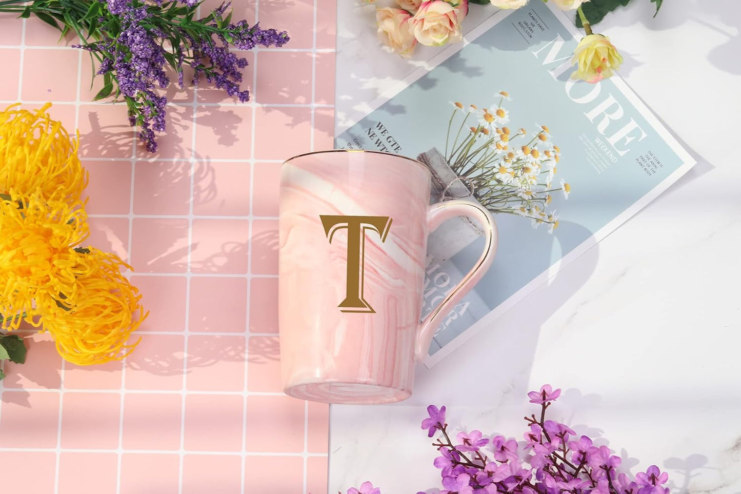 Letter T Personalized Initial Mug, Letter T Personalized Marble Coffee Mug, Letter Coffee Mugs for Women, Bridal Shower Gifts, Man and Women'S Initials Gifts Mug 14 Ounce Pink with Gift Box