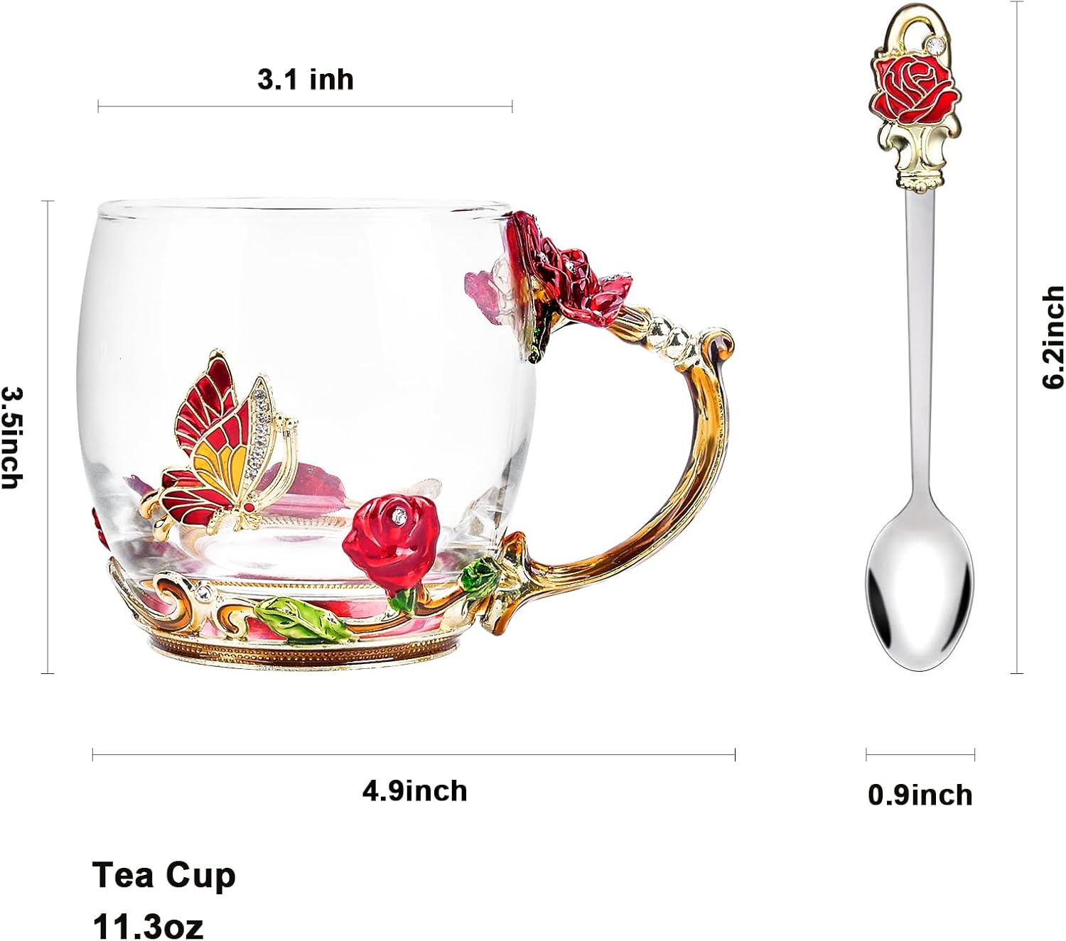 Gifts for Mom Women Mothers Day Glass Coffee Enamels Mug Best Birthday Butterfly Rose Gifts for Her from Daughter Son Lead-Free Valentines Day Christmas Stocking Stuffers for Women Red Tea Cup