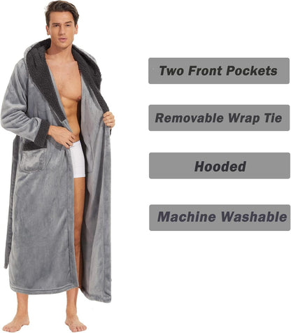 Mens Robe with Hood, Big and Tall Warm Soft Plush Robes for Men, Men'S Bathrobe with Pockets for Spa Bath Shower