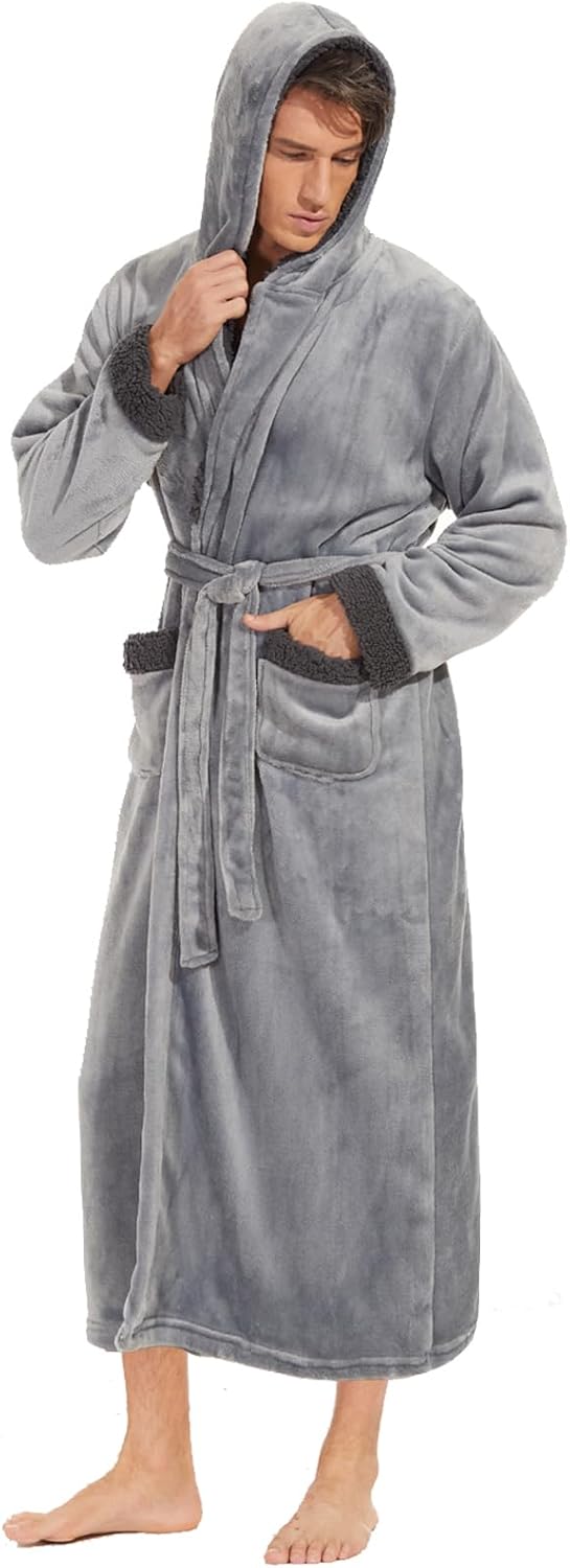 Mens Robe with Hood, Big and Tall Warm Soft Plush Robes for Men, Men'S Bathrobe with Pockets for Spa Bath Shower