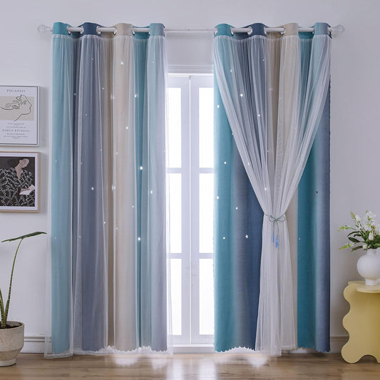 Ombre Rainbow Blackout Curtains for Kid Girls Bedroom Living Room Darking Stripe Double Layer Star Cut Out Wall Home Decor Gradient Grommet Window Curtains （Yellow Blue 52W X 72L