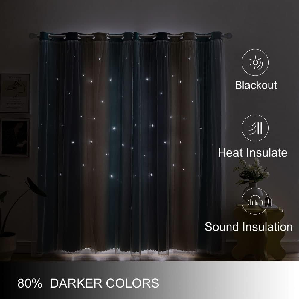 Ombre Rainbow Blackout Curtains for Kid Girls Bedroom Living Room Darking Stripe Double Layer Star Cut Out Wall Home Decor Gradient Grommet Window Curtains （Yellow Blue 52W X 72L