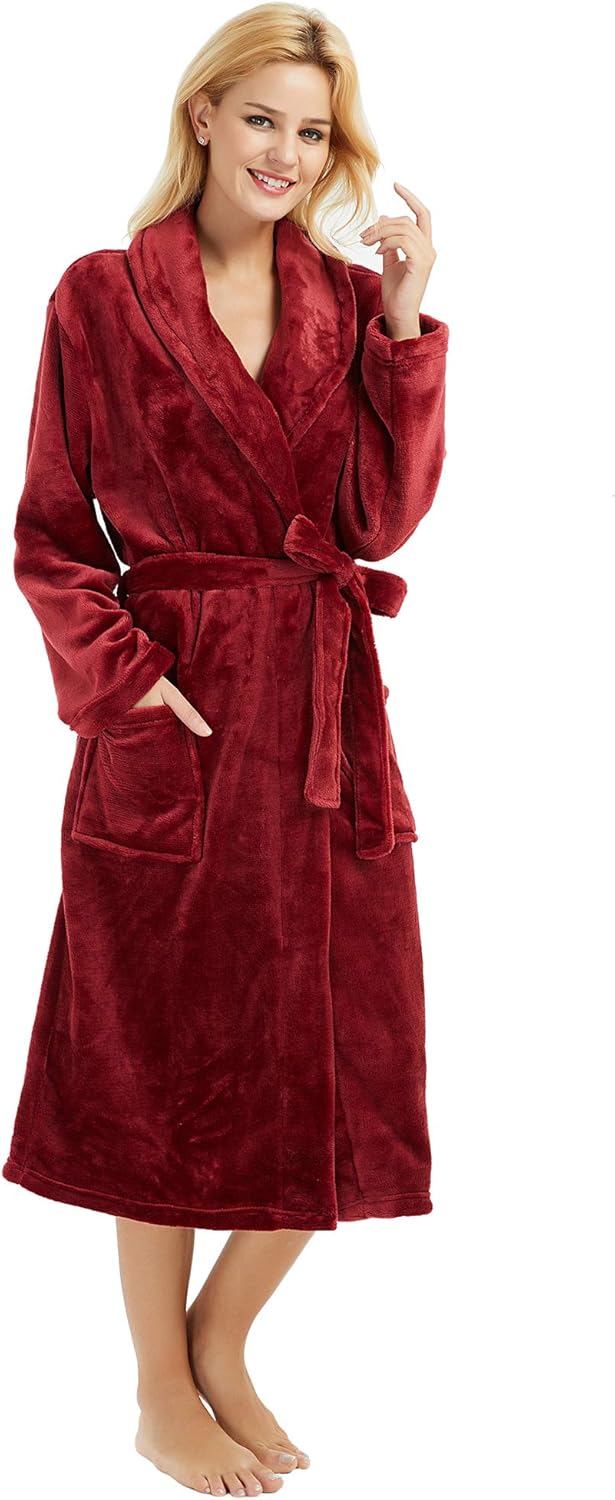 Womens Fleece Robes, Soft Plush Long Bathrobe, Thick Kimono Robes for Womens, Warm House Coat