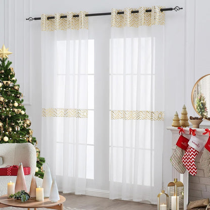 Gold and White Sheer Curtains 84 Inches Long for Living Room, White Elegant Curtains with Design, Linen Look Sheer Curtains with Glod Pattern,Grommet Top 2 Panels Set (56" W X 84" L Gold)