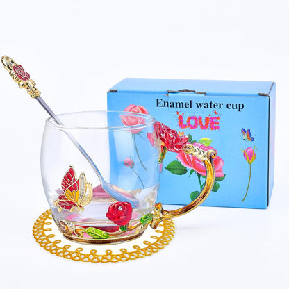 Gifts for Mom Women Mothers Day Glass Coffee Enamels Mug Best Birthday Butterfly Rose Gifts for Her from Daughter Son Lead-Free Valentines Day Christmas Stocking Stuffers for Women Red Tea Cup