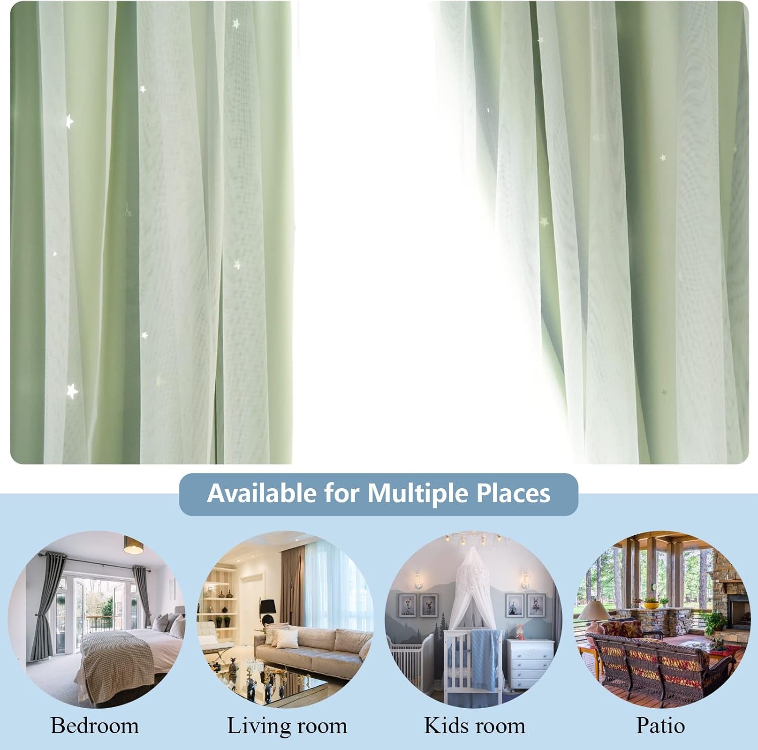 Stars Curtains Double Layer Curtains Blackout Curtains for Bedroom Kids Curtains Cute Curtains Kids Blackout Curtains, Curtains 63 Inches Long 2 Panels Set, Green Curtains, 52 X 63 Inches