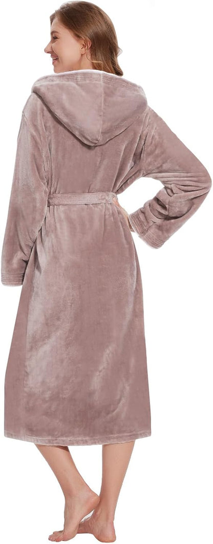 Womens Hooded Robes Plush Bathrobe Long Warm Fleece Robe