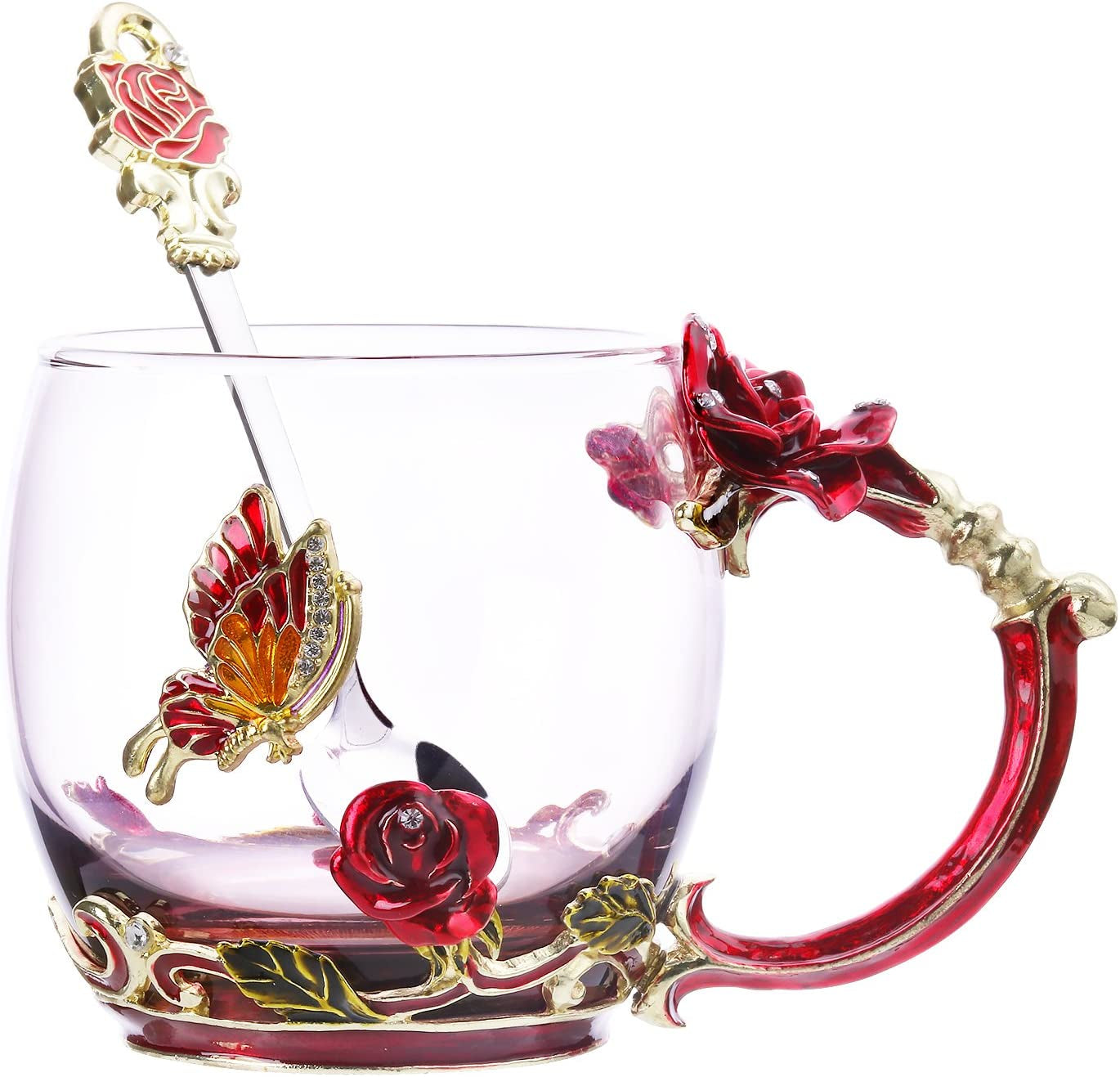 Glass Tea Cup Coffee Mugs & Gifts for Women with Spoon Beautiful Rose Flower Butterfly (Red)