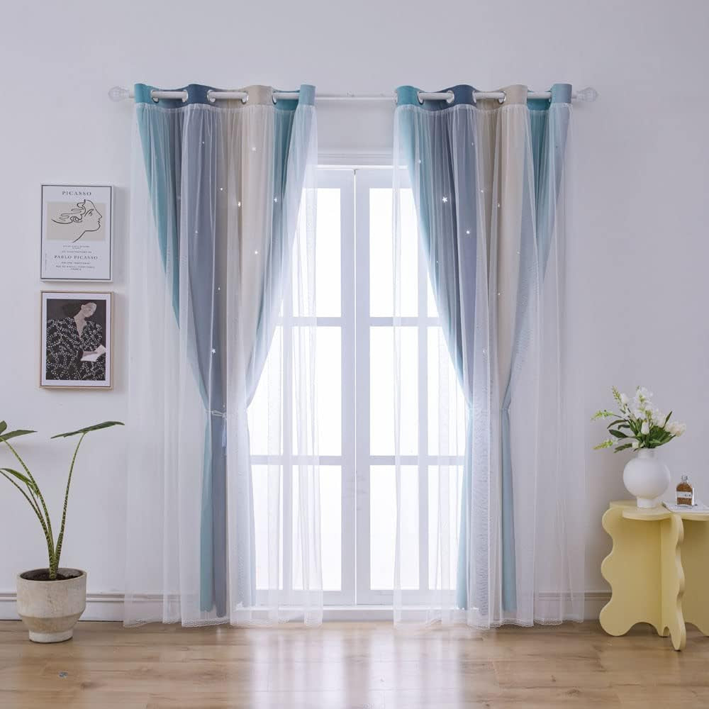 Ombre Rainbow Blackout Curtains for Kid Girls Bedroom Living Room Darking Stripe Double Layer Star Cut Out Wall Home Decor Gradient Grommet Window Curtains （Yellow Blue 52W X 72L