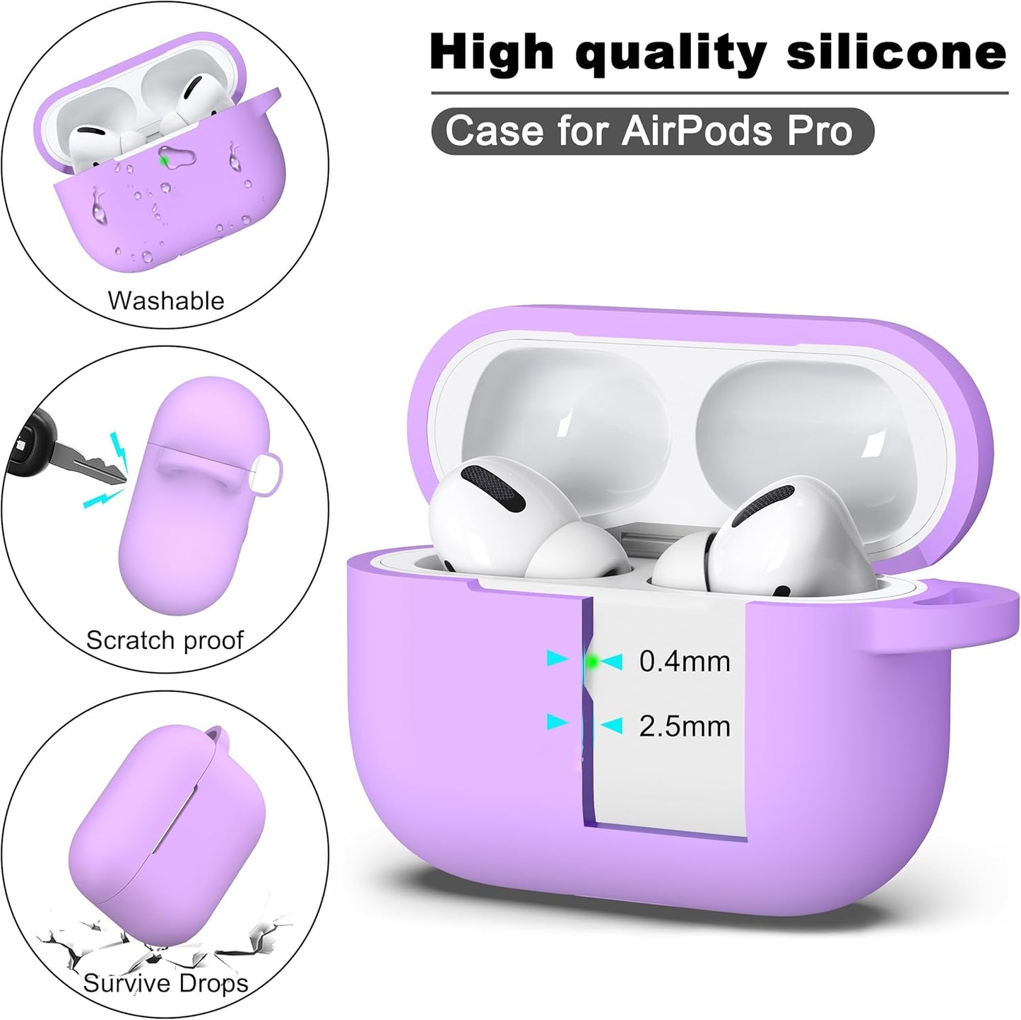 Compatible with Airpods Pro Case with Keychain,Full Protective Silicone Skin Accessories for Women Men Girl Compatible with Apple 2019 Latest Airpods Pro Case,Front LED Visible,Lavender