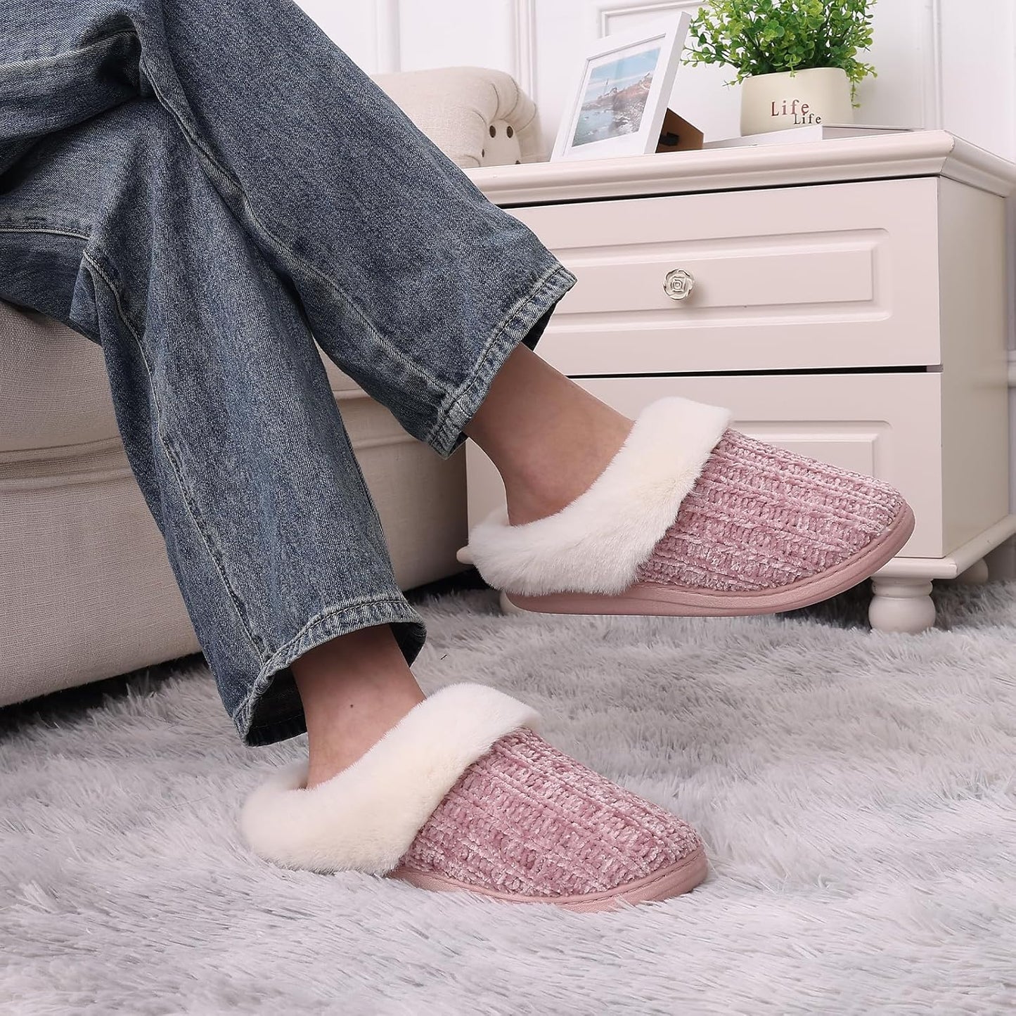 Warm Knit House Slippers for Women Comfy Wool-Like Lined Chenille Slippers with Memory Foam and Indoor Outdoor Soles