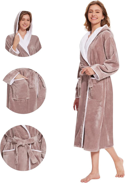 Womens Hooded Robes Plush Bathrobe Long Warm Fleece Robe