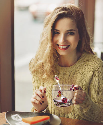 Glass Tea Cup Coffee Mugs & Gifts for Women with Spoon Beautiful Rose Flower Butterfly (Red)