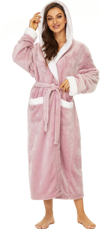 Plush Robes for Women, Womens Robe Long, Fuzzy Fluffy Soft Warm Fleece Hooded Bathrobe