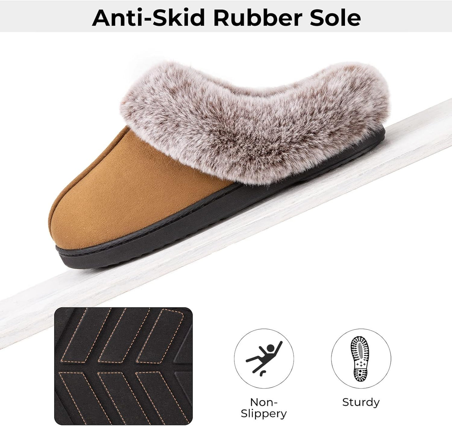 Women'S Classic Microsuede Memory Foam Slippers Durable Rubber Sole with Warm Faux Fur Collar