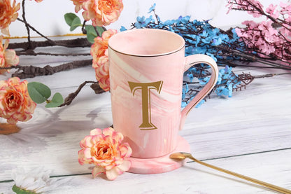 Letter T Personalized Initial Mug, Letter T Personalized Marble Coffee Mug, Letter Coffee Mugs for Women, Bridal Shower Gifts, Man and Women'S Initials Gifts Mug 14 Ounce Pink with Gift Box