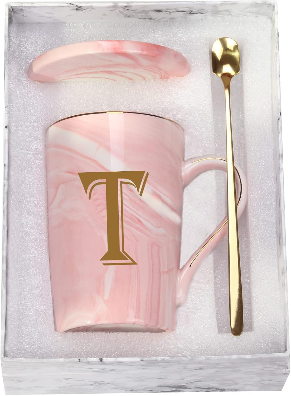 Letter T Personalized Initial Mug, Letter T Personalized Marble Coffee Mug, Letter Coffee Mugs for Women, Bridal Shower Gifts, Man and Women'S Initials Gifts Mug 14 Ounce Pink with Gift Box