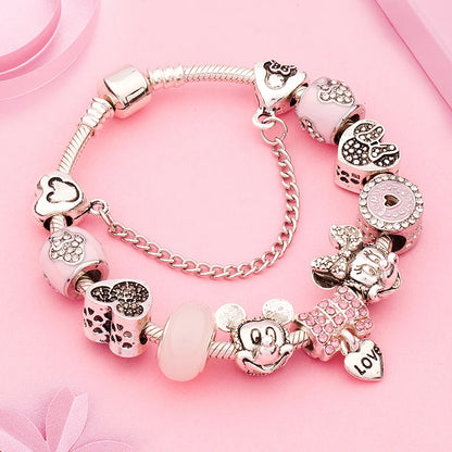 Cute Pink Crystal Disney Mickey Minnie Charm Bracelet Silver Color Heart Bead Bracelet for Women Girl Fashion Jewelry Gift