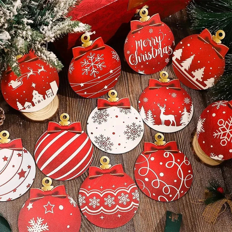 12Pcs New Year's Gift Christmas Decoration Wooden Christma Ball Pendant Christmas Tree Hanging Home Room Decor Outdoor Accessory