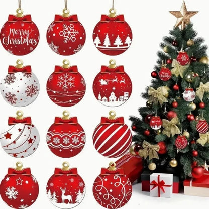 12Pcs New Year's Gift Christmas Decoration Wooden Christma Ball Pendant Christmas Tree Hanging Home Room Decor Outdoor Accessory