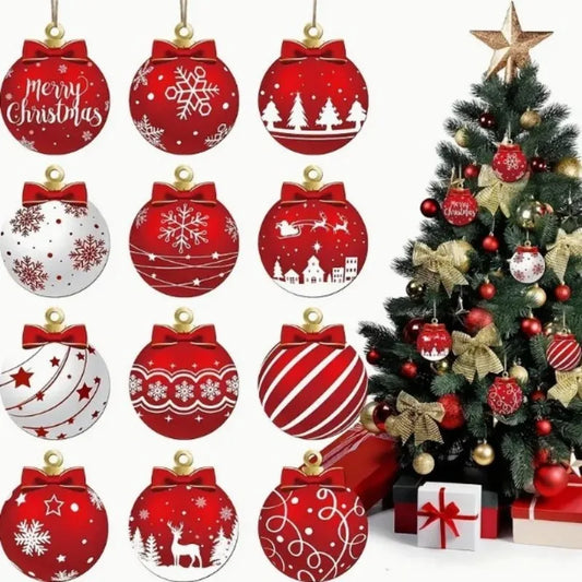 12Pcs New Year's Gift Christmas Decoration Wooden Christma Ball Pendant Christmas Tree Hanging Home Room Decor Outdoor Accessory