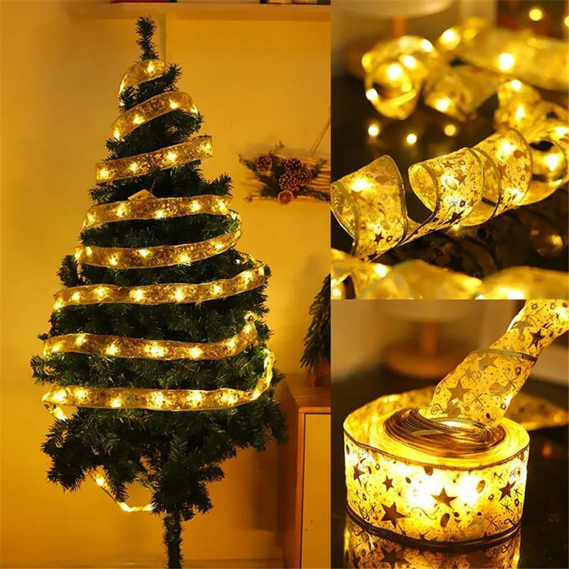 Christmas Decoration LED Ribbon Fairy Lights Christmas Tree Ornaments for Home 2024 DIY Bows Light String Navidad New Year 2025