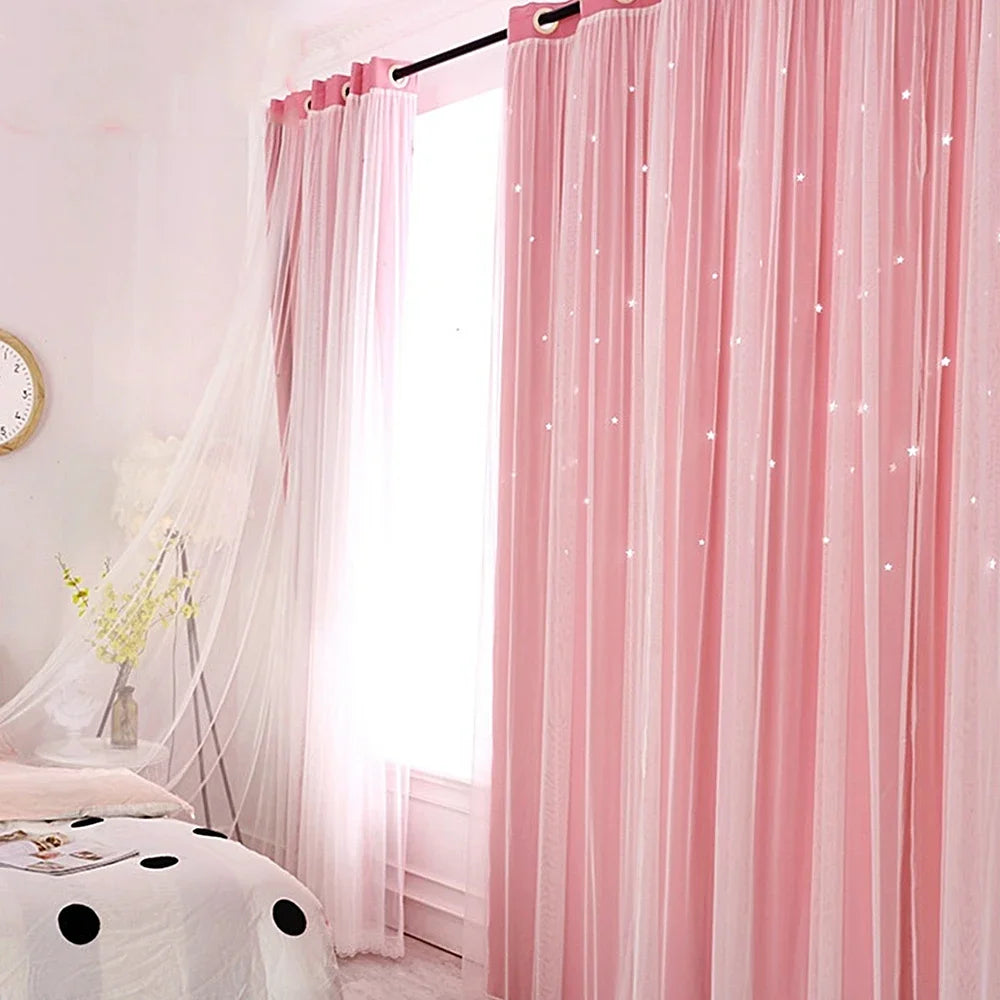 Double Layers Romantic Sheer Kids Children Girls Curtains With Hollow Out Stars For Living Room Bedroom Windows Drapes