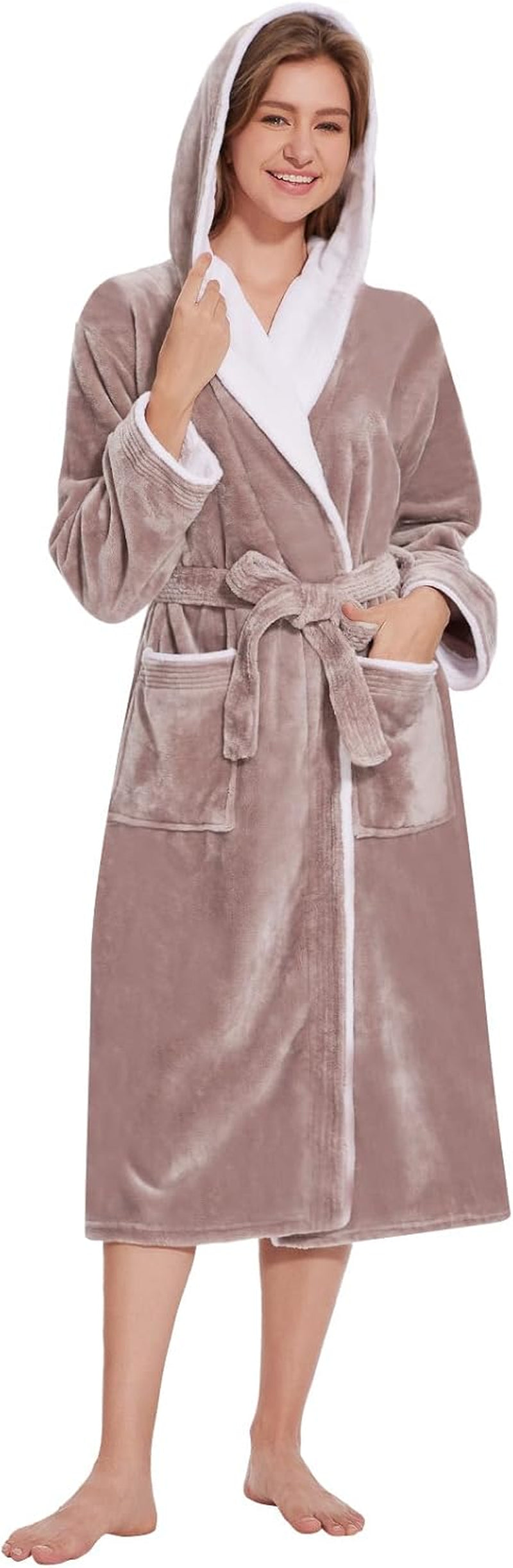 Womens Hooded Robes Plush Bathrobe Long Warm Fleece Robe