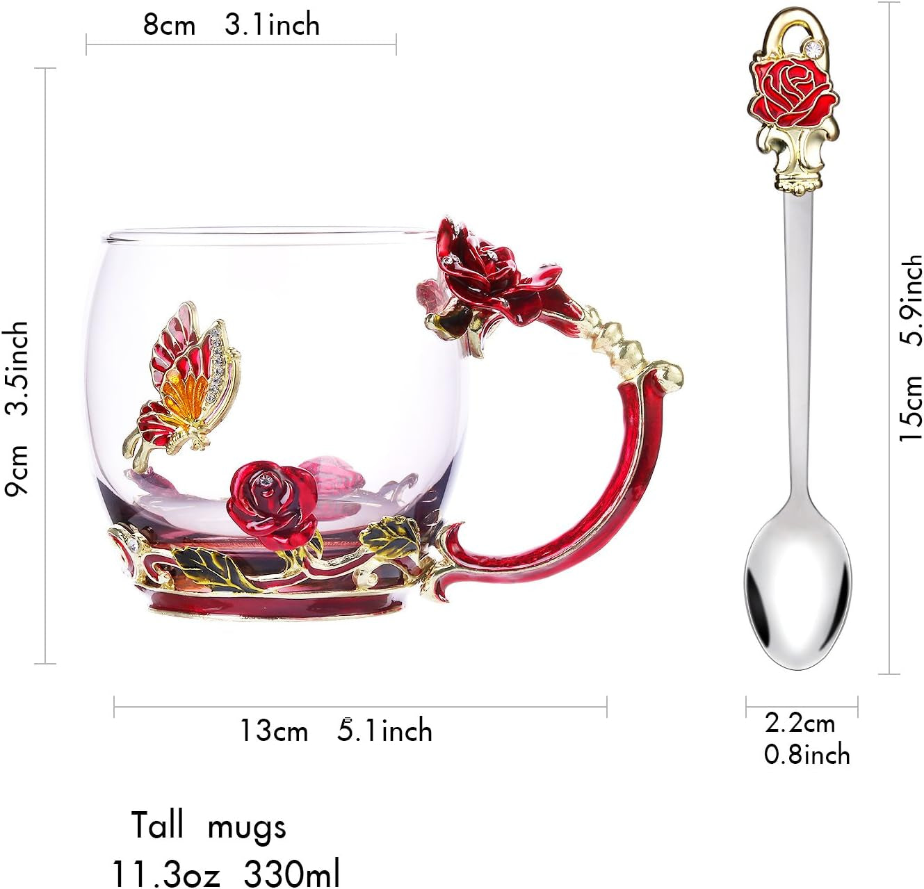 Glass Tea Cup Coffee Mugs & Gifts for Women with Spoon Beautiful Rose Flower Butterfly (Red)