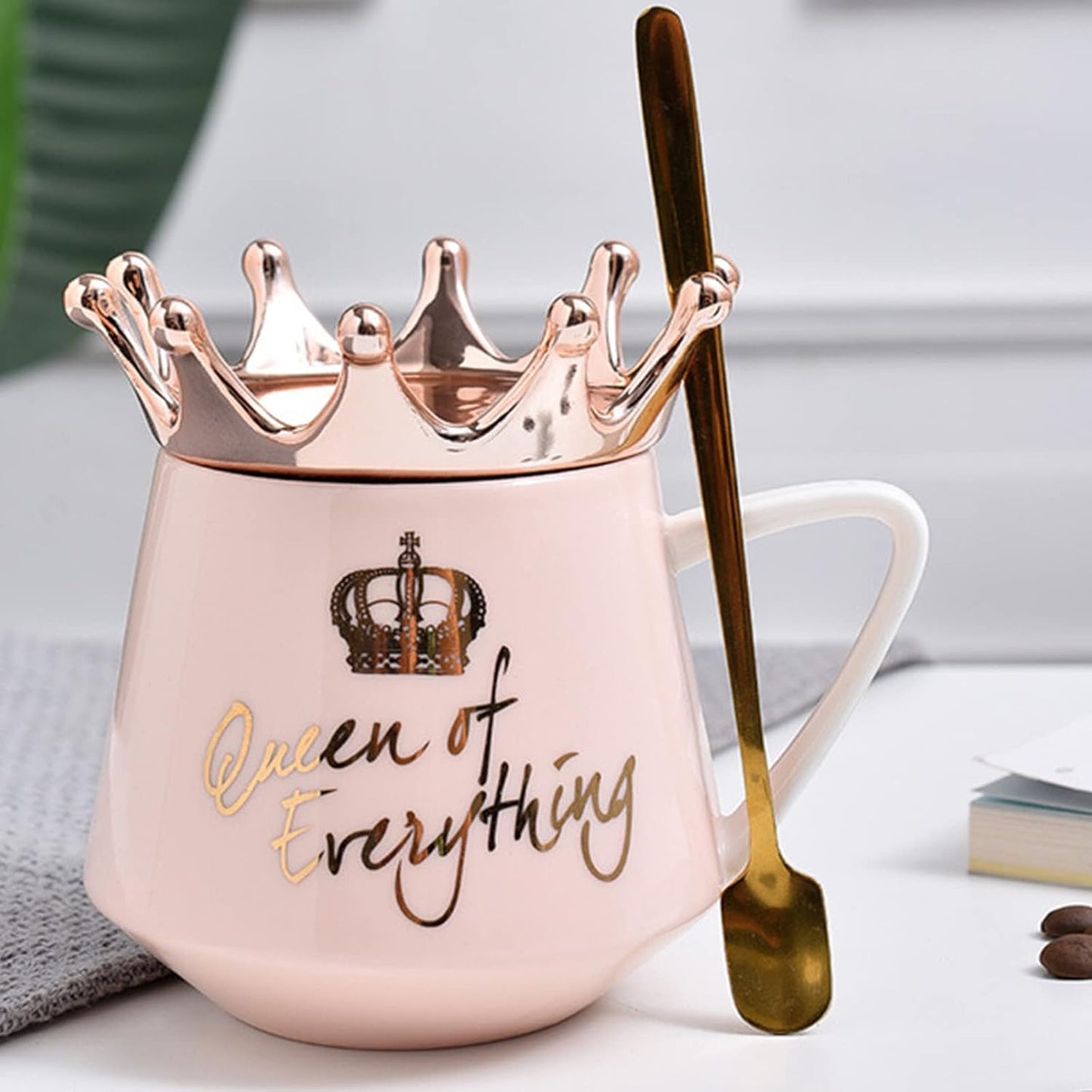 Pink Queen of Everything Mug with Lid Cute Pink Mug with Crown Tea Coffee Mug Gift with Spoon & Coaster 350Ml Ceramic Mug Birthday Gift for Women Girls Mom Friend