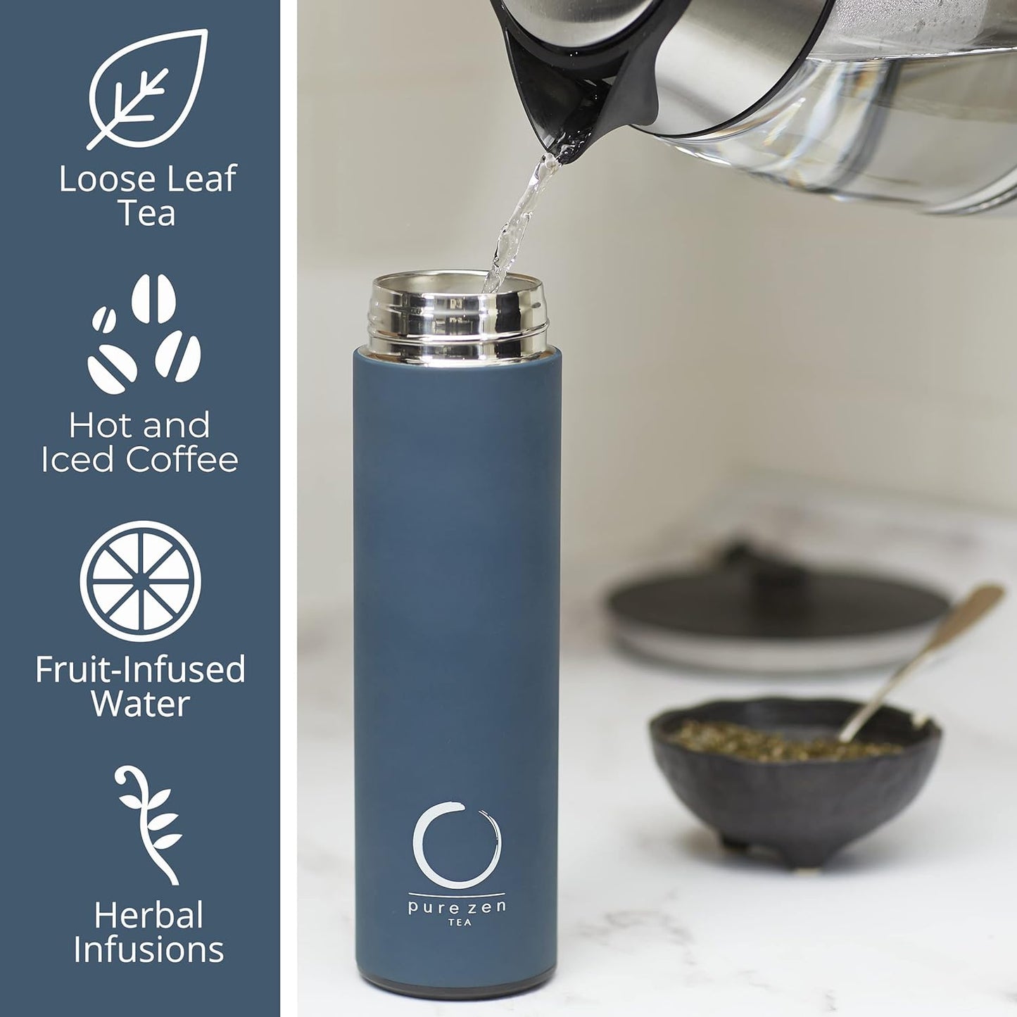 Thermos with Infuser for Tea, Coffee and Fruit-Infused Water - Stainless Steel - Tea Infuser Bottle - Tea Tumbler with Infuser - Leakproof Travel Tea Mug - Tea Infuser Cup - 15Oz - Blue