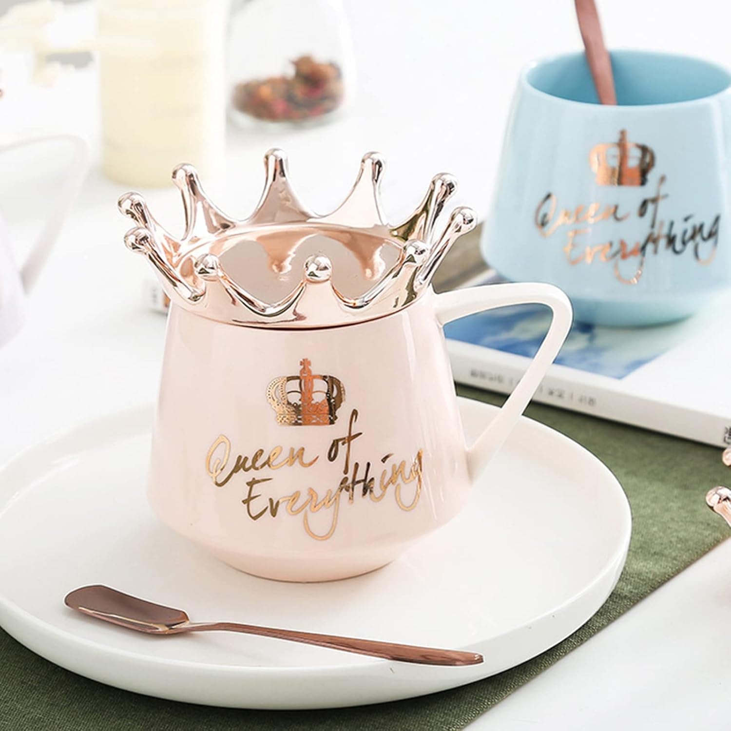 Pink Queen of Everything Mug with Lid Cute Pink Mug with Crown Tea Coffee Mug Gift with Spoon & Coaster 350Ml Ceramic Mug Birthday Gift for Women Girls Mom Friend