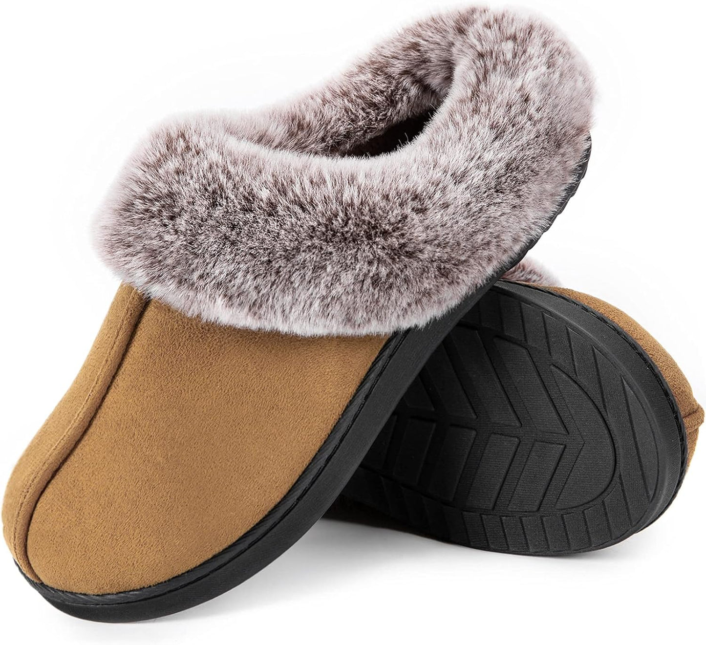 Women'S Classic Microsuede Memory Foam Slippers Durable Rubber Sole with Warm Faux Fur Collar