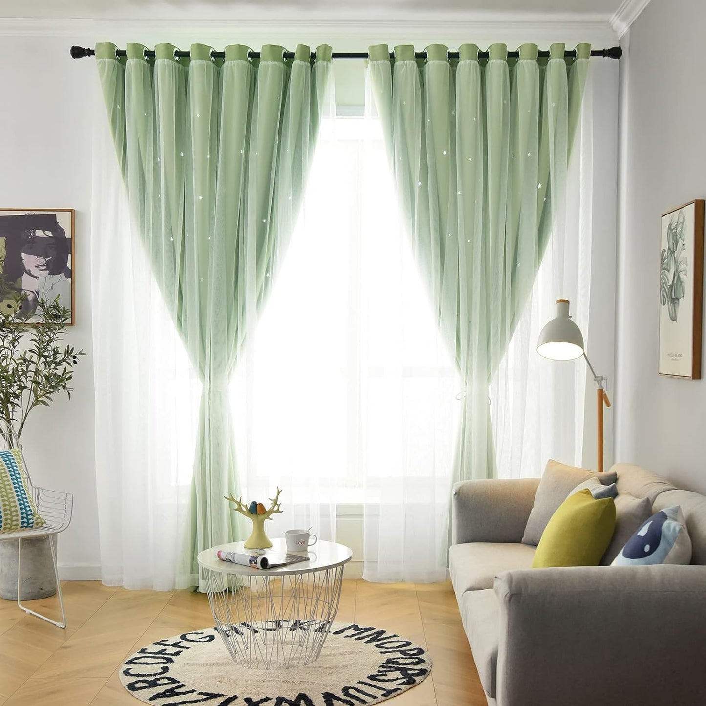 Stars Curtains Double Layer Curtains Blackout Curtains for Bedroom Kids Curtains Cute Curtains Kids Blackout Curtains, Curtains 63 Inches Long 2 Panels Set, Green Curtains, 52 X 63 Inches