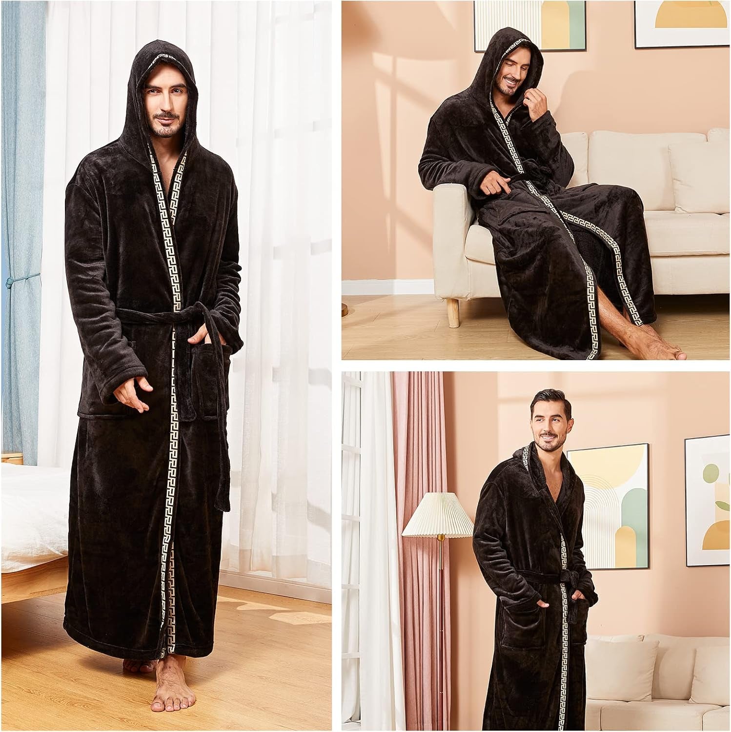 Mens Robes Big and Tall with Hood Two-Tone Flannel Fleece Contrast Bathrobe Full Length Plush Long Robe House Coat