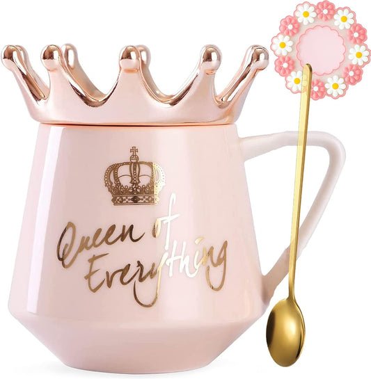 Pink Queen of Everything Mug with Lid Cute Pink Mug with Crown Tea Coffee Mug Gift with Spoon & Coaster 350Ml Ceramic Mug Birthday Gift for Women Girls Mom Friend