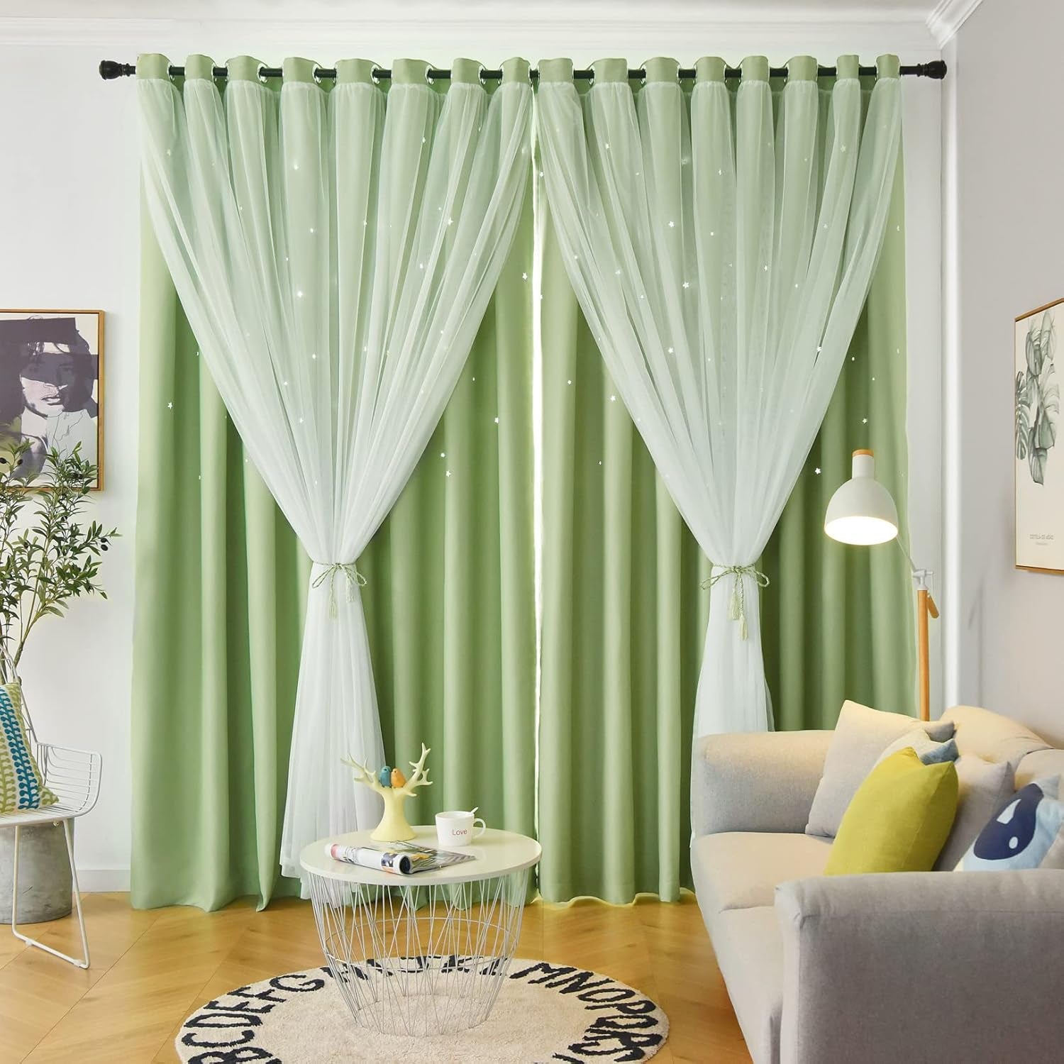 Stars Curtains Double Layer Curtains Blackout Curtains for Bedroom Kids Curtains Cute Curtains Kids Blackout Curtains, Curtains 63 Inches Long 2 Panels Set, Green Curtains, 52 X 63 Inches