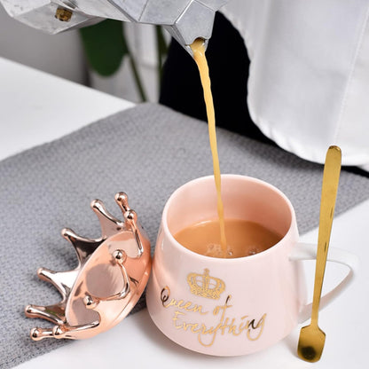 Pink Queen of Everything Mug with Lid Cute Pink Mug with Crown Tea Coffee Mug Gift with Spoon & Coaster 350Ml Ceramic Mug Birthday Gift for Women Girls Mom Friend